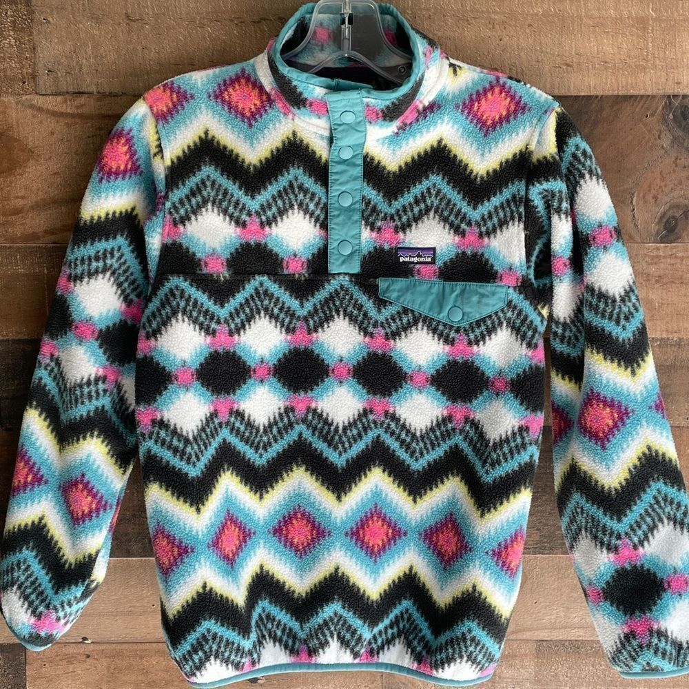 Patagonia Girls Retro Aztec Print Lightweight Synchilla Snap-T Pullover Fleece L